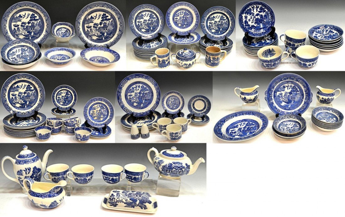 EXTENSIVE COLLECTION OF BLUE WILLOW DINNER WARE: (lot of 118) Extensive collection of blue and white porcelain transferware in the "Blue Willow" pattern, various makers and ages including Churchill, Woods, W.R. Midwinter, etc., largest platter: 12.2