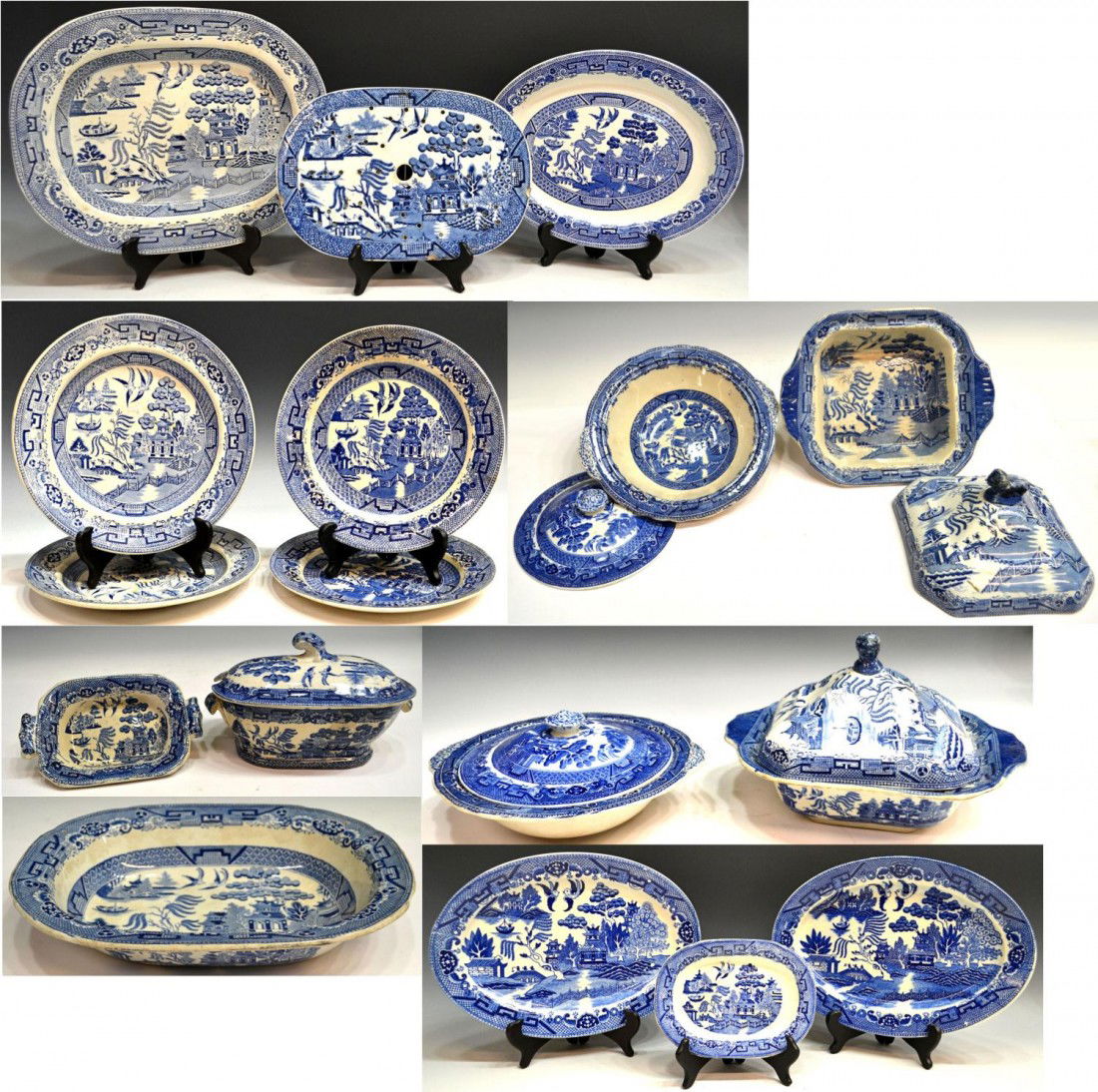 COLLECTION ANTQUE BLUE WILLOW SERVICE WARE: (lot) Large collection of Blue Willow service ware, mostly 19th c., assorted makers, some unmarked, comprising lidded vegetable service and gravy dishes, plates, platters, trivet, etc., several plates