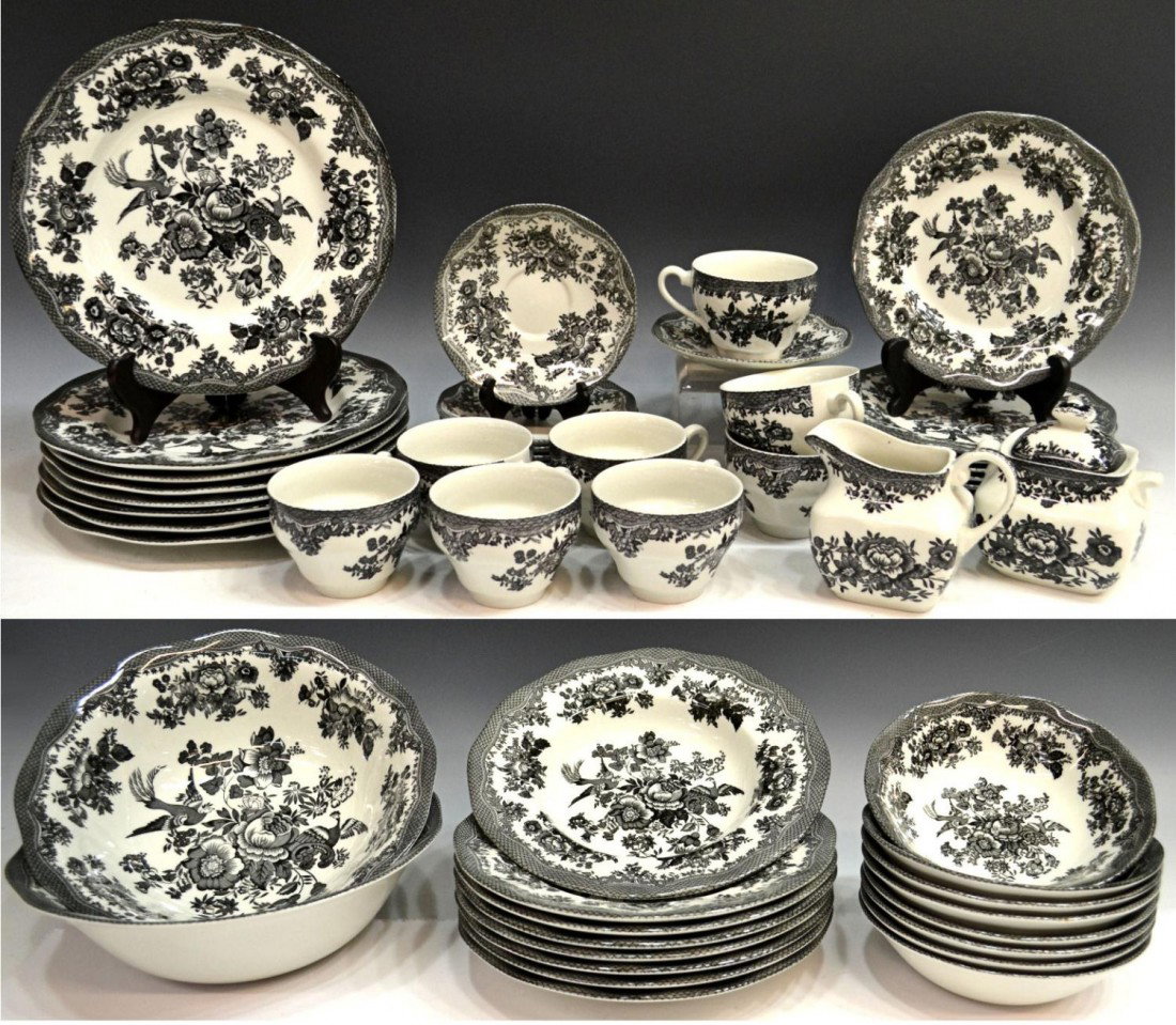 JOHNSON BROS 'ASIATIC PHEASANT' DINNER SERVICE: (lot of 52) Johnson Bros black and white porcelain transferware in the "Asiatic Pheasant" pattern, a complete service for eight comprising: dinner plates, 10"diam; salad plates, 8"diam; soup bowls, 9"