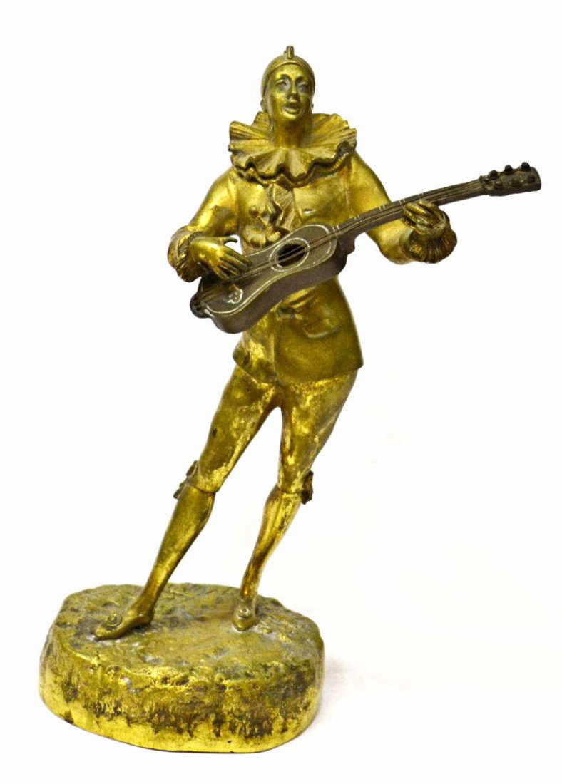 ART DECO GILDED BRASS JESTER WITH MANDOLIN: Art Deco style gilded brass figure of a clown playing the mandolin, signed MINS atop pedestal, 12.25"h, 8"w, 6"d, 8.75lbs Start Price: $80.00