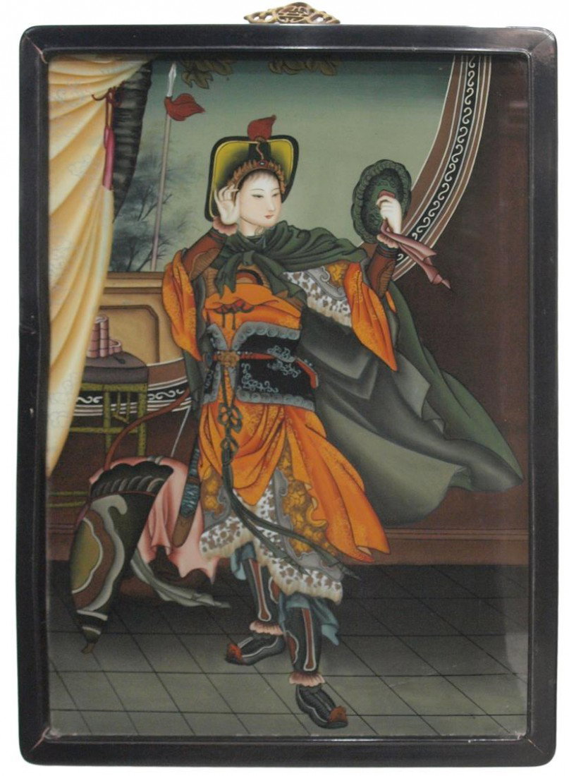 CHINESE REVERSE PAINTING ON GLASS, WOMAN WARRIOR: Chinese reverse painting on glass, Woman Warrior, 20th c., depicting a elaborately dressed beautiful woman contemplating herself in a mirror, in the background is a spear, mounted in dovetailed black 