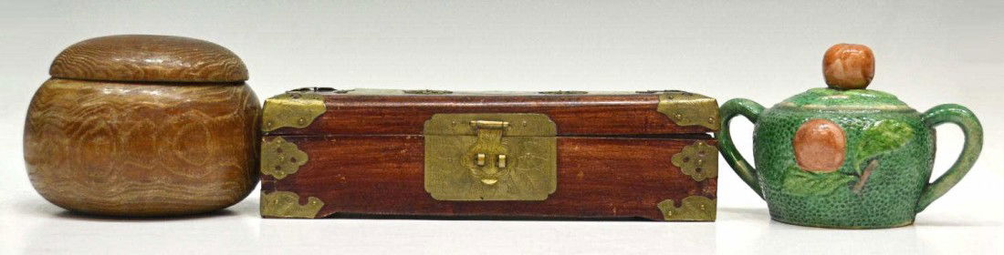 CHINESE JADE PLAQUE JEWEL BOX & ASIAN COLLECTIBLES: (lot of 3) Asian vintage and antique collectible group, including: (1) jewelry box, the long rectangular case set with three carved jade plaques, applied etched metal elements and blue silk brocade in