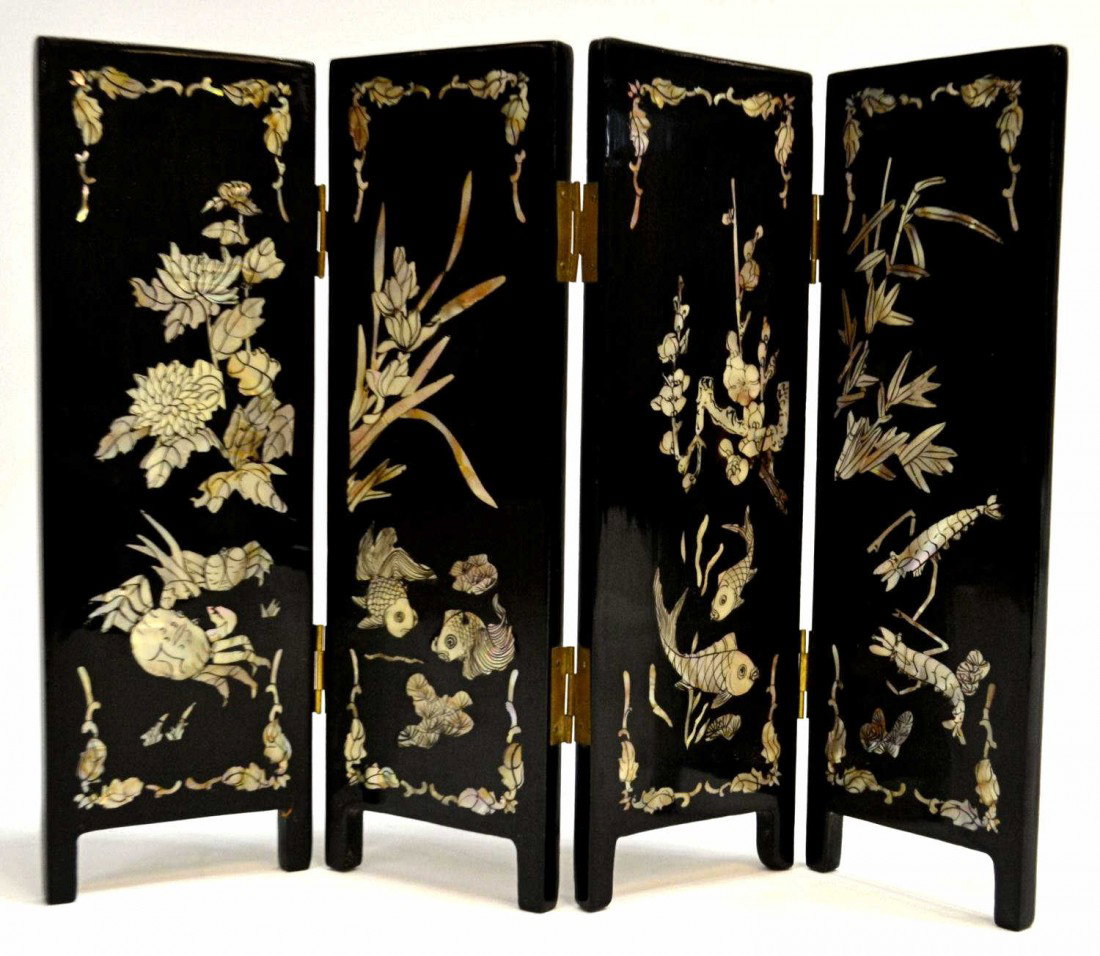 CHINESE BLACK LACQUER TABLE SCREEN: Chinese black lacquer four panel table screen decorated with mother of pearl nautical scenes of coy, crabs, crustaceans, fully open: 11.75"h, 16.25"w, folded: 11.75"h, 3.7/8"w, 2"d, 1.25lbs