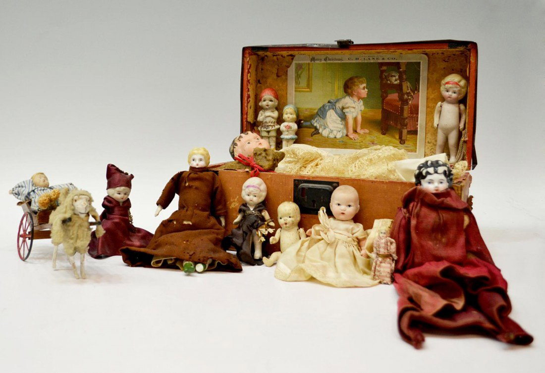 COLLECTION OF ANTIQUE & VINTAGE DOLLS: (lot) Collection of antique dolls and figures including (2) china head dolls, Japan bisque miniature figures, (1) tin head doll with original and later clothing, leather and cloth body with bisque arm