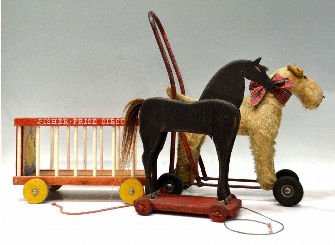 (3) COLLECTION FOLK ART & VINTAGE PULL TOYS, HORSE: ( lot of 3) Collection of vintage pull toys, comprising: (1) wooden folk art pull horse with actual mane, signed Margaret Susan Sanjoel and marked with house; (1) Lines Bros made in Ireland Mohair dog