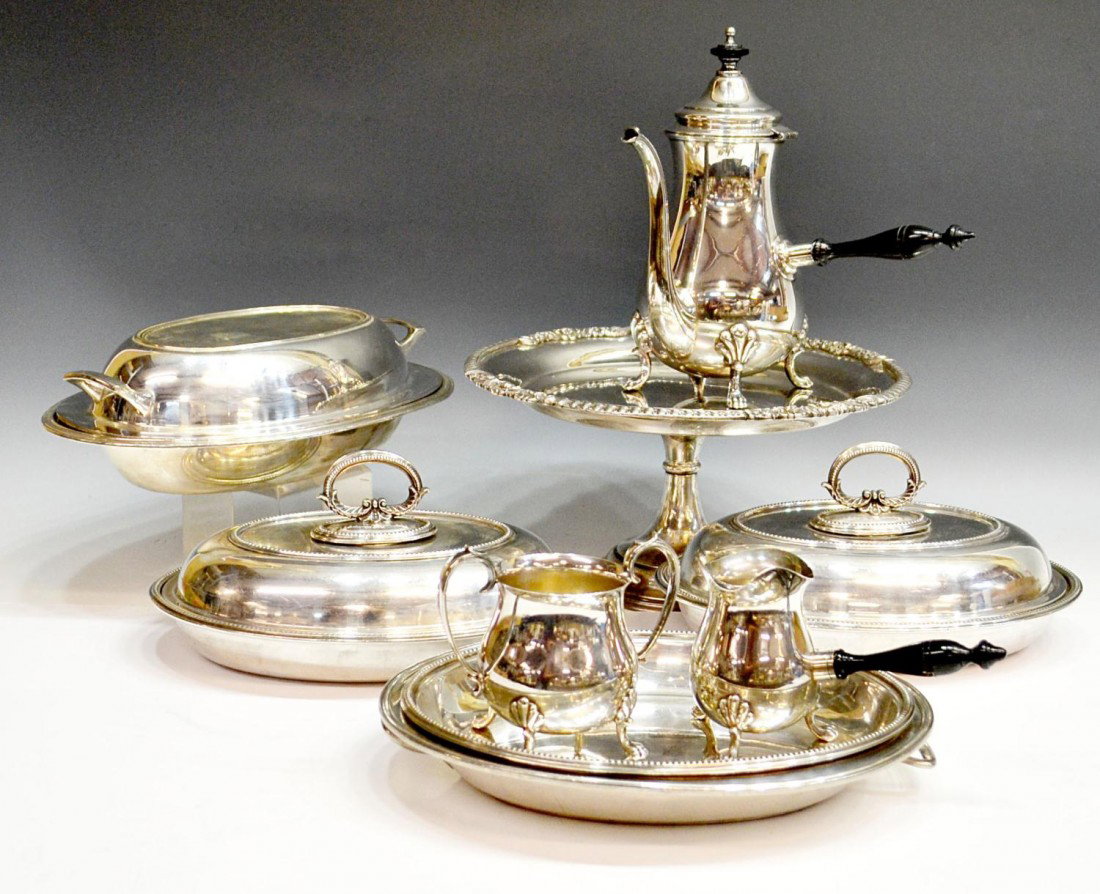 HUGE COLLECTION SILVER PLATE SERVICEWARE: (lot) Huge group of silver plate serviceware comprising a (3pc) Crescent service, kettle and cream pitcher with turned wood handle and open sugar, several English lidded service dishes, Mappin & Webb,