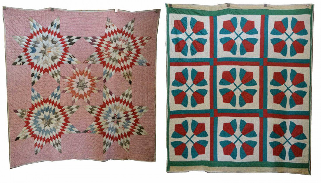 (2) HAND SEWN VINTANGE QUILTS: ( lot of 2) Hand sown vintage quilts, comprising: (1) white quilt with green and red floral panels, featuring a bright green border, some ripping at edges and discoloration, 77"h, 67"w; (1) white and 