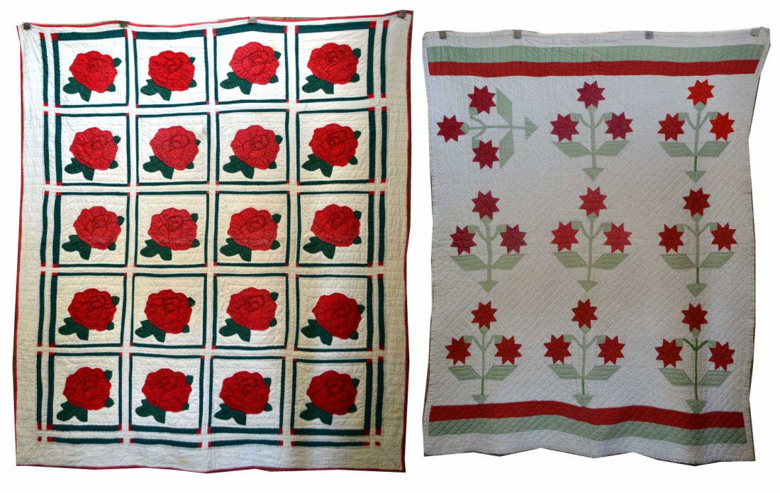 VINTAGE QUILTS, GUTWEIN MILLING COMPANY, INDIANA: (lot of 2) Vintage quilts, comprising: (1) hand and machine sown, Gutwein Milling Co. Francesville, Ind. white quilt with red and green floral decoration and bordering, some ripping at edges and disco