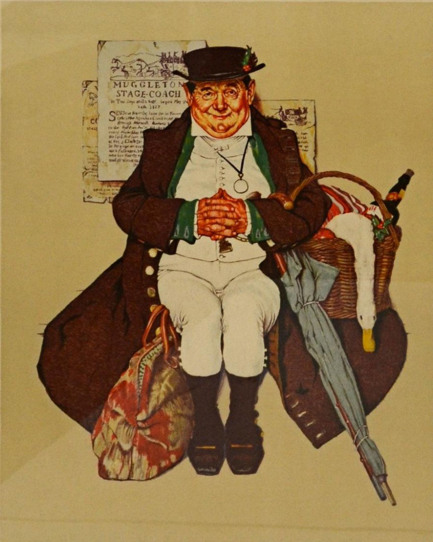 LARGE SIGNED & NUMBERED NORMAN ROCKWELL PRINT: Framed print under glass "The Muggleton Stagecoach", pencil signed lower right Norman Rockwell, numbered lower left 88 of 200, original appeared as the cover of The Saturday Evening Post, December 17,