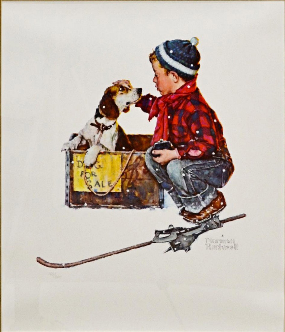 FRAMED LIMITED EDITION NORMAN ROCKELL, BOY & DOG: Framed limited edition print Boy Meets His Dog, print signed Norman Rockwell, limited edition number 150 of 350, Certificate of LMH Gallery, Green Valley, New York, sight: 18"h, 16"w, overall: 28.5"h,