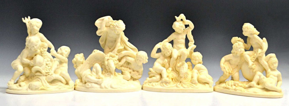 ITALIAN A. SANTINI COMPOSITION PUTTI SCULPTURES: (lot of 4) Italian allegorical sculptures, A. Santini, each modeled as scantily clad putti figures in various scenes, 8.5"h, 7.5"w, 12.5lbs Start Price: $80.00
