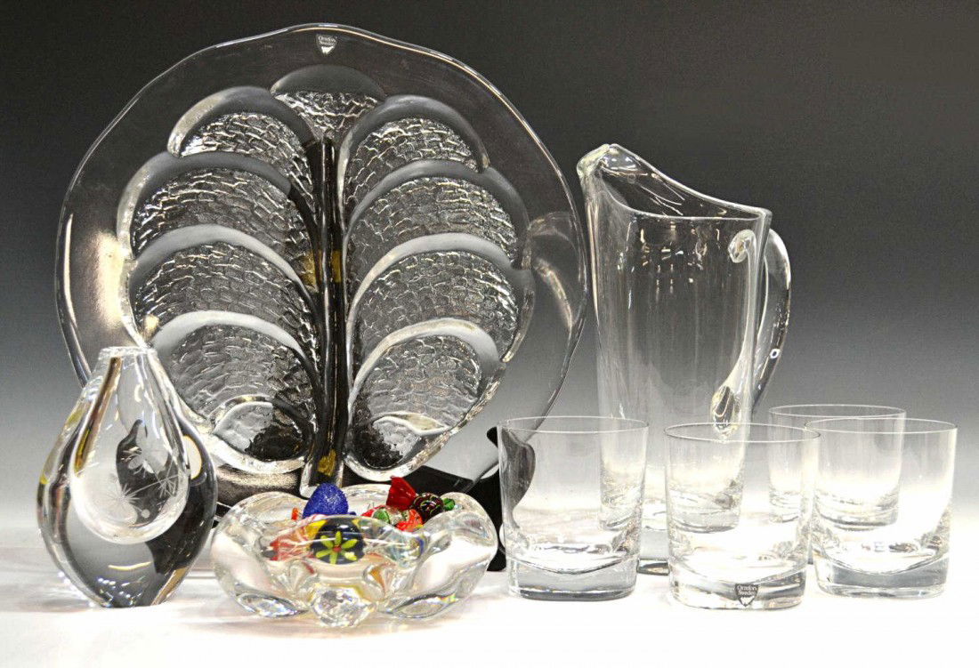 LOT SWEDISH ORREFORS ART CRYSTAL & BARWARE: (lot) Collection of Swedish crystal tableware, Orrefors, including a (5 piece) drinks set, (1) decorative crystal tray, (1) signed and numbered vase etched with a winged insect, and (1) bowl having sc