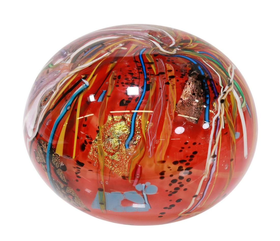 AARON GROSS STUDIO ART GLASS OVERSIZED PAPERWEIGHT: Contemporary studio art glass paperweight, Aaron Gross (Austin, Texas, 20th c.), multi-color canes and metallic foils, signed and dated 2008 underfoot, approx 5.5"h, 6 5/8"diam, 7.5lbs **Provenance: F