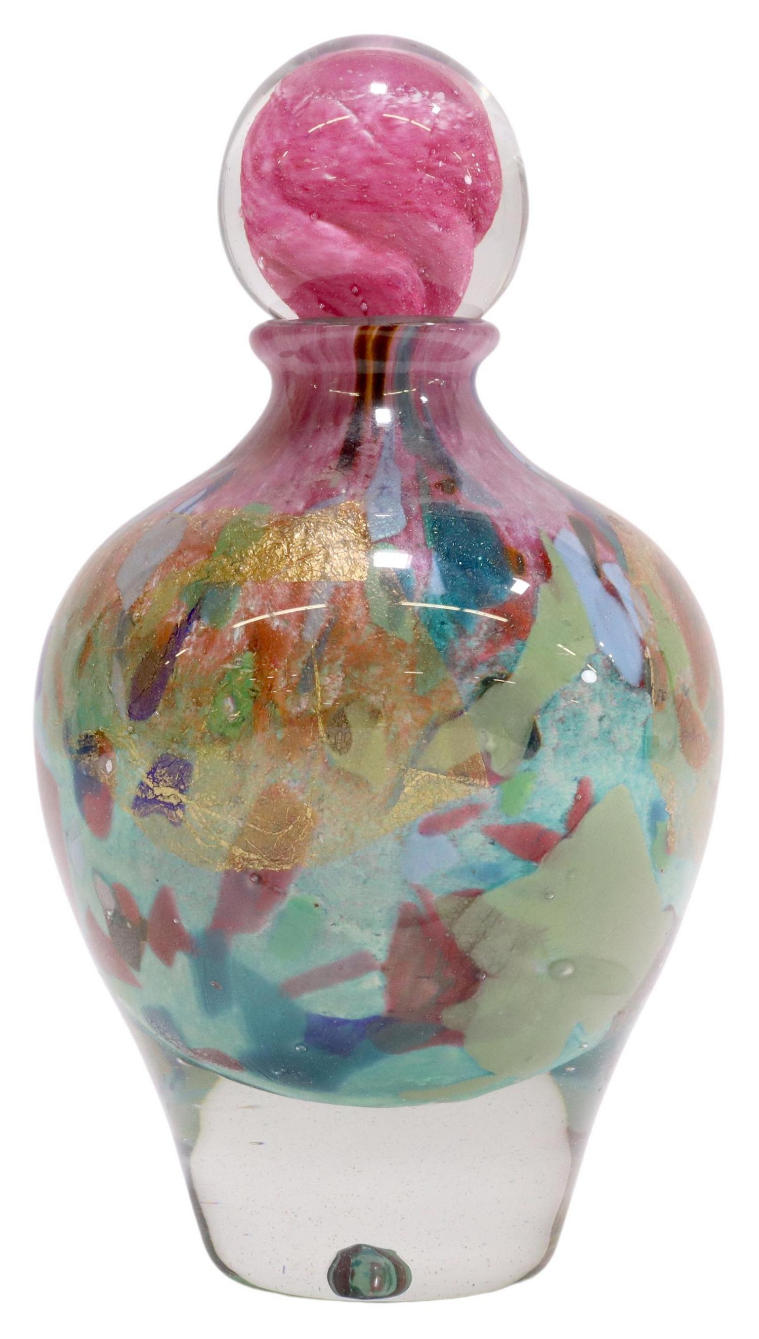 JEAN-CLAUDE NOVARO (D.2014) BLOWN ART GLASS BOTTLE: Studio blown art glass vase with stopper, signed J.C. Novaro (Jean-Claude Novaro, French, 1943-2014), dated 2007, internally decorated with polychrome inclusions, approx 9"h, 5"diam, 7.5lbs **Provenan