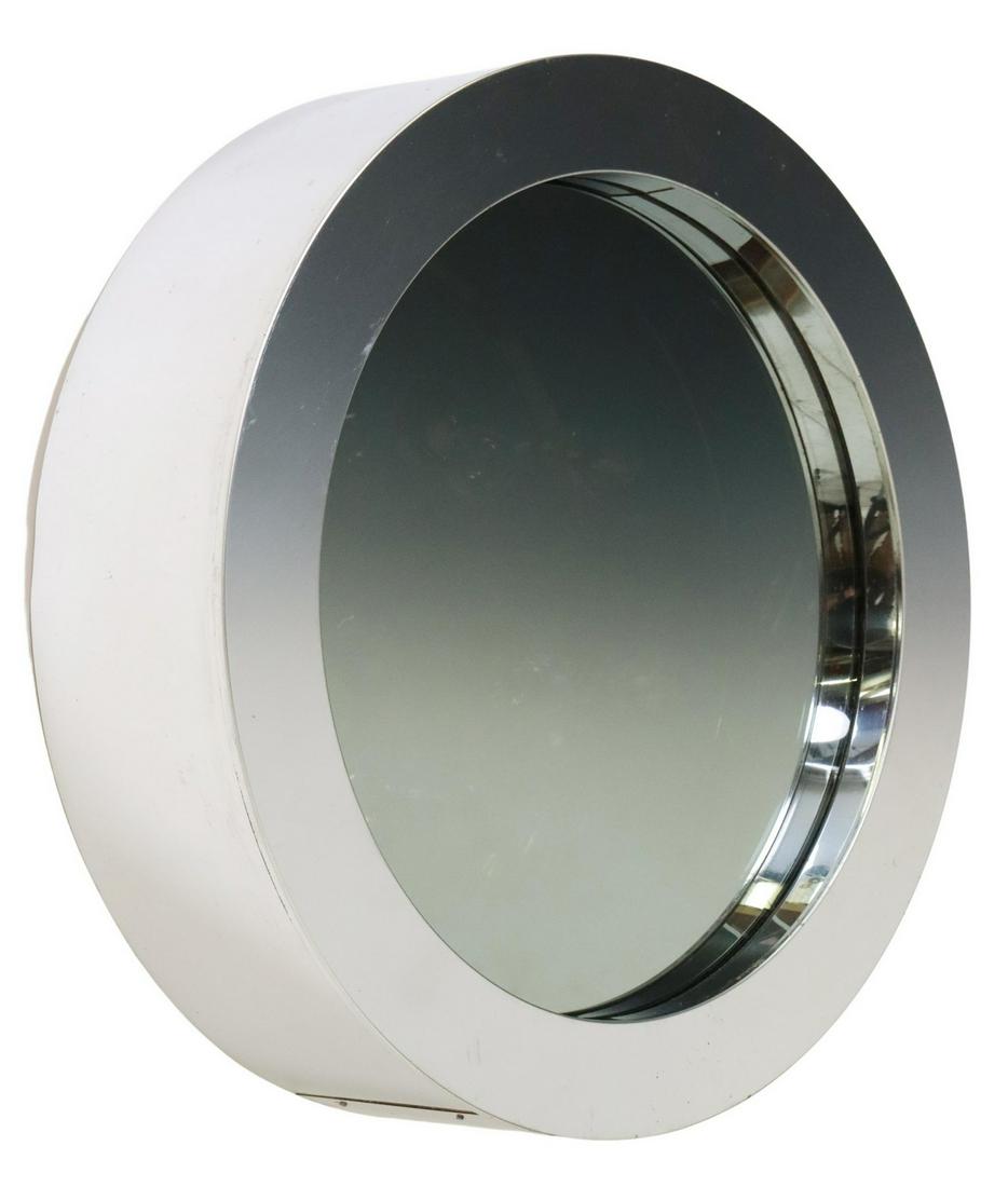 CURTIS JERE 'INFINITY' CHROMED WALL LIGHT MIRROR: Modern "Infinity" wall light mirror, signed at the side C. Jere (Curtis Jere, American, 1910-2008), dated 1977(?), having round chromed steel frame, operational status unknown, in need of plug, approx