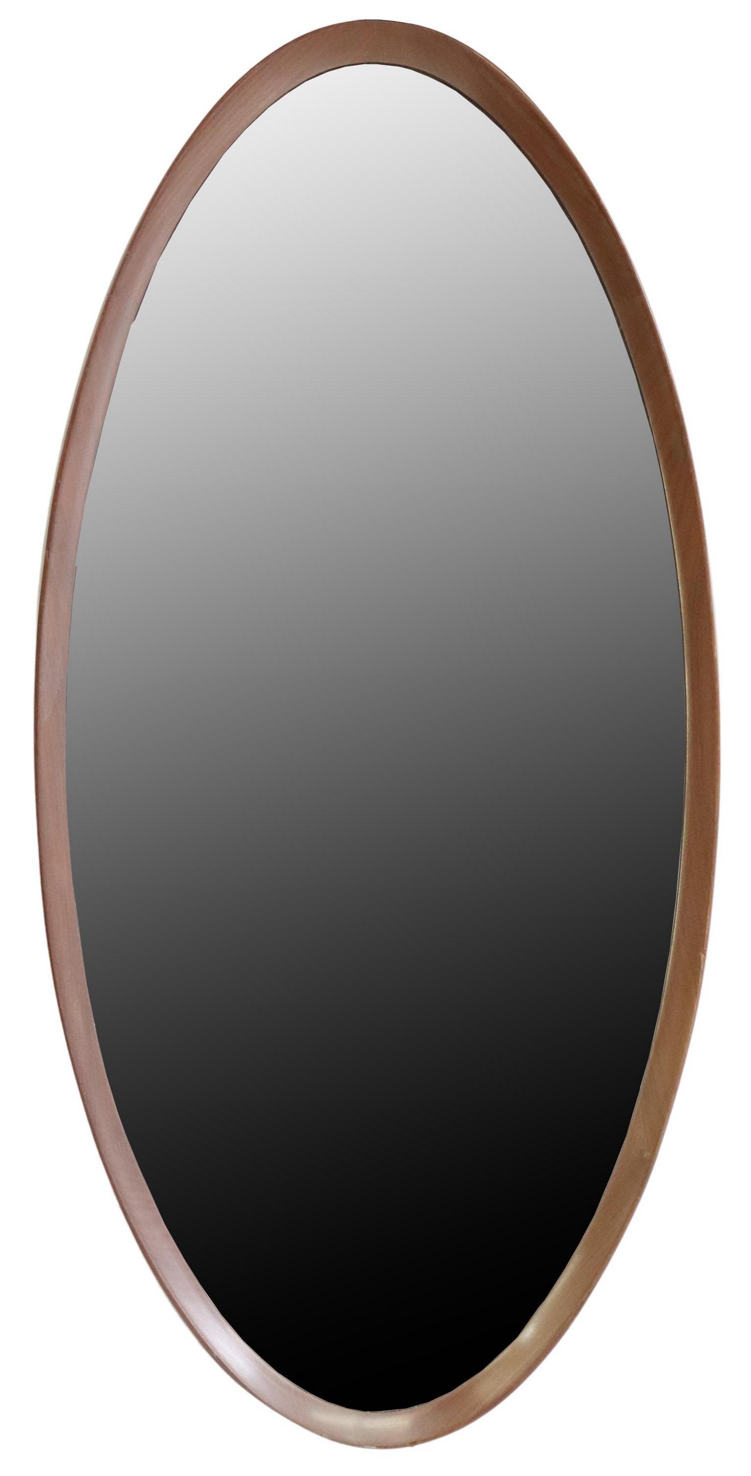 ITALIAN MID-CENTURY MODERN TEAK OVAL MIRROR: Italian mid-century modern teak wall mirror, in the manner of Franco Campo and Carlo Graffi, c.1960s, having ovular frame, encasing flat mirror plate, approx 32"h, 15"w, 9.8lbs Start Price: $100.00