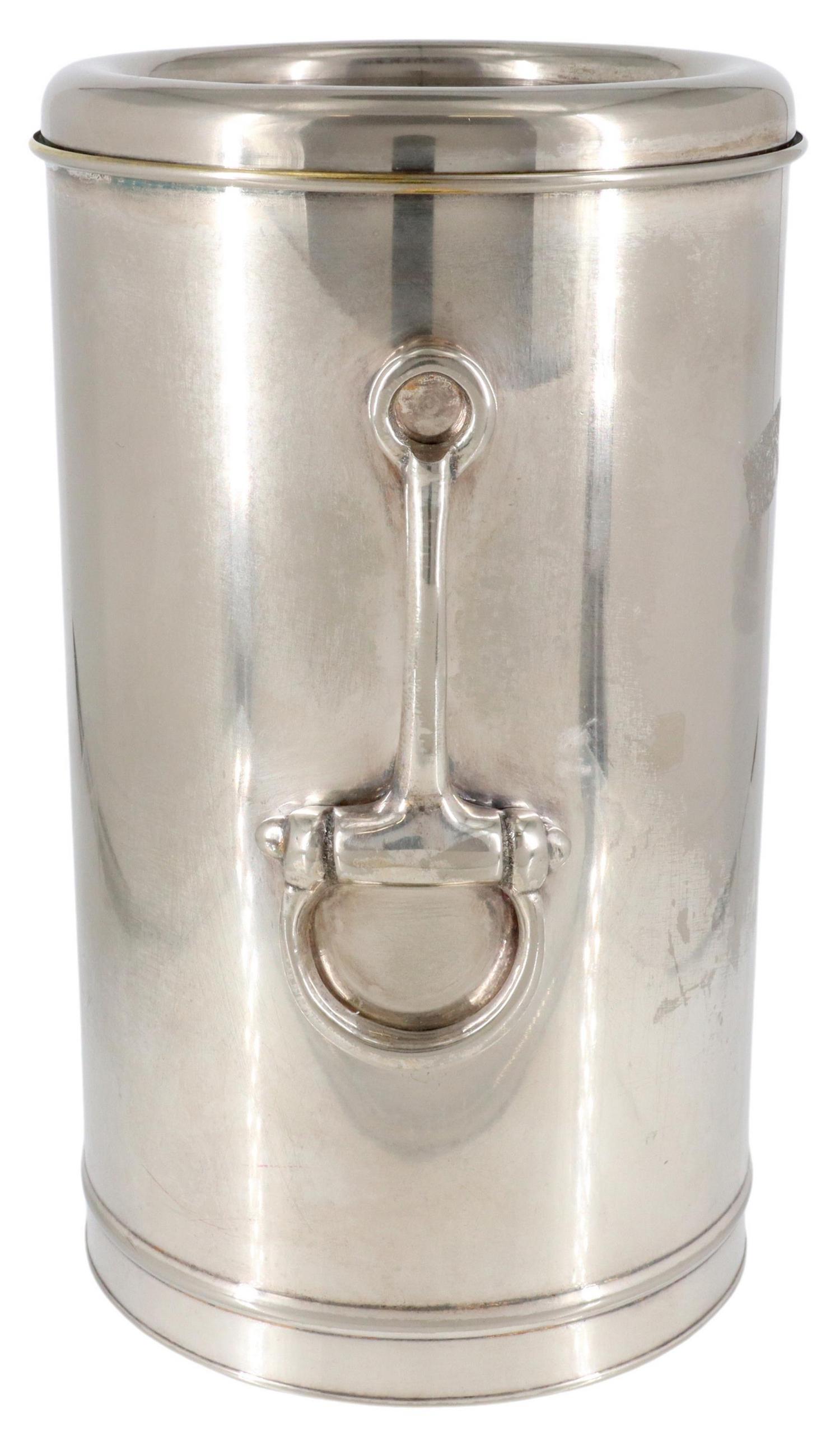 GUCCI SILVERPLATE HORSEBIT WINE BOTTLE COOLER: Gucci silverplate wine bottle cooler, late 20th c., with horsebit motif, approx 8.5"h, 5"diam, 1.75lbs (for shipping purposes only) Start Price: $80.00