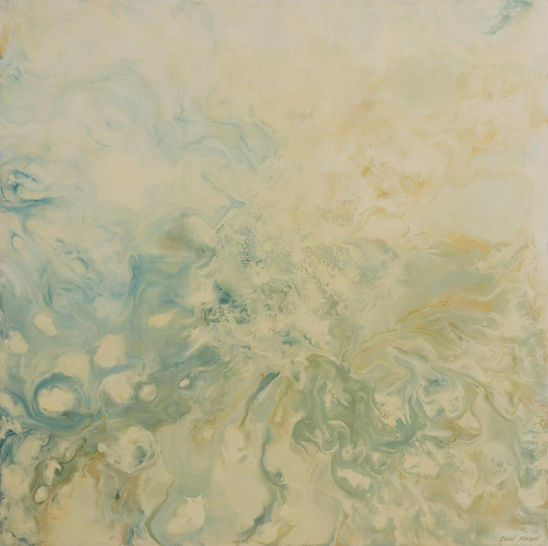 PAUL PETER HATGIL (D.2020) ENCAUSTIC 'EDDY': Framed encaustic painting on board, "Eddy," signed verso Paul Hatgil (Paul Peter Hatgil, Texas, 1921-2020), dated 2001, titled on artist's label verso, sight: approx 34"h, 34"w, overall: 36.75"h, 36.7