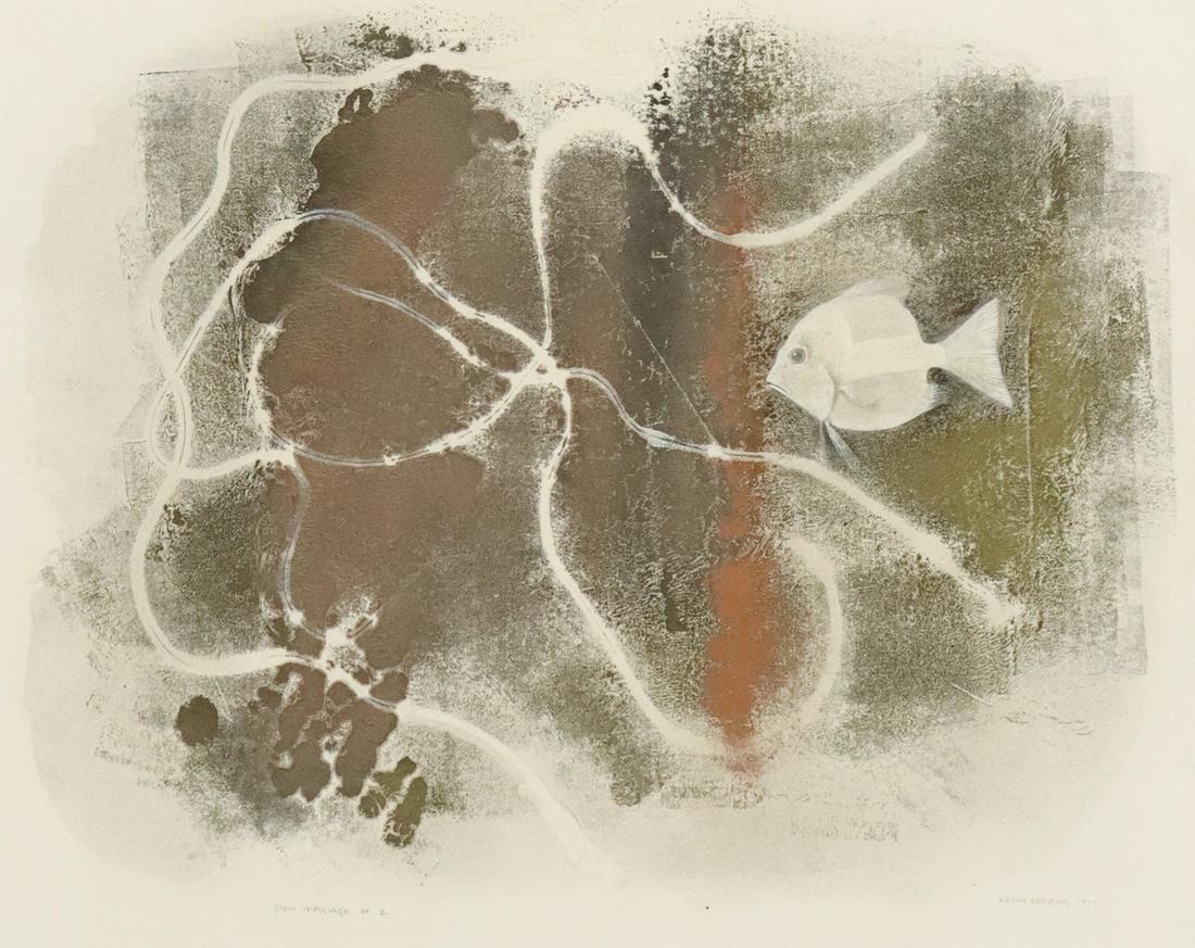 KELLY FEARING (D.2011) MIXED MEDIA FISH MESSAGE #2: Framed mixed media work on paper, "Fish Message #2," signed lower right Kelly Fearing (Arkansas, Texas, 1918-2011), dated 1977, Garner & Smith Gallery label verso, sight: approx 10.75"h, 13.25"w, over