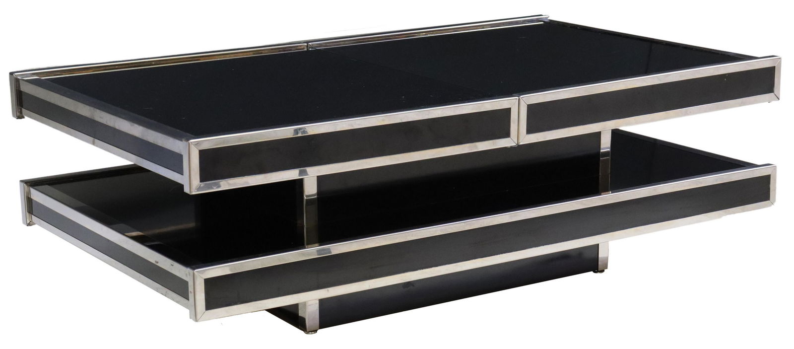 WILLY RIZZO STYLE MODERN COCKTAIL TABLE DRY BAR: Italian modern cocktail table/ dry bar, in the manner of Willy Rizzo (Italian, 1928-2013), c.1970s, chromed steel frame, sliding black glass top, opening to chromed interior bar, rising on central ped