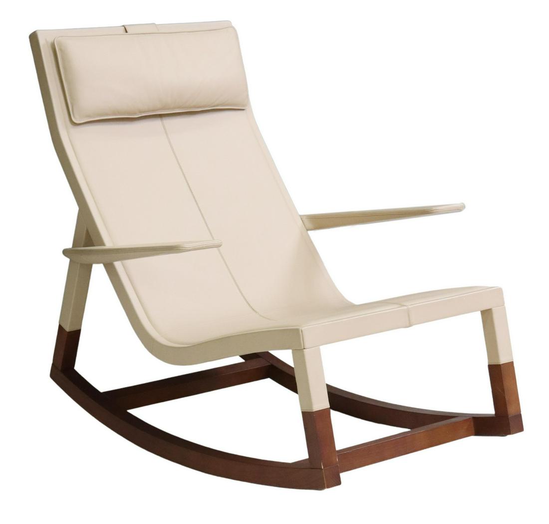 J.M. MASSAUD 'DON'DO' POLTRONA FRAU ROCKING CHAIR: Italian "Don'Do" rocking chair, Jean-Marie Massaud (French, b.1966) for Poltrona Frau, having curved oak frame, in grained ivory leather, adjustable branded headrest cushion, maker's mark at back, app