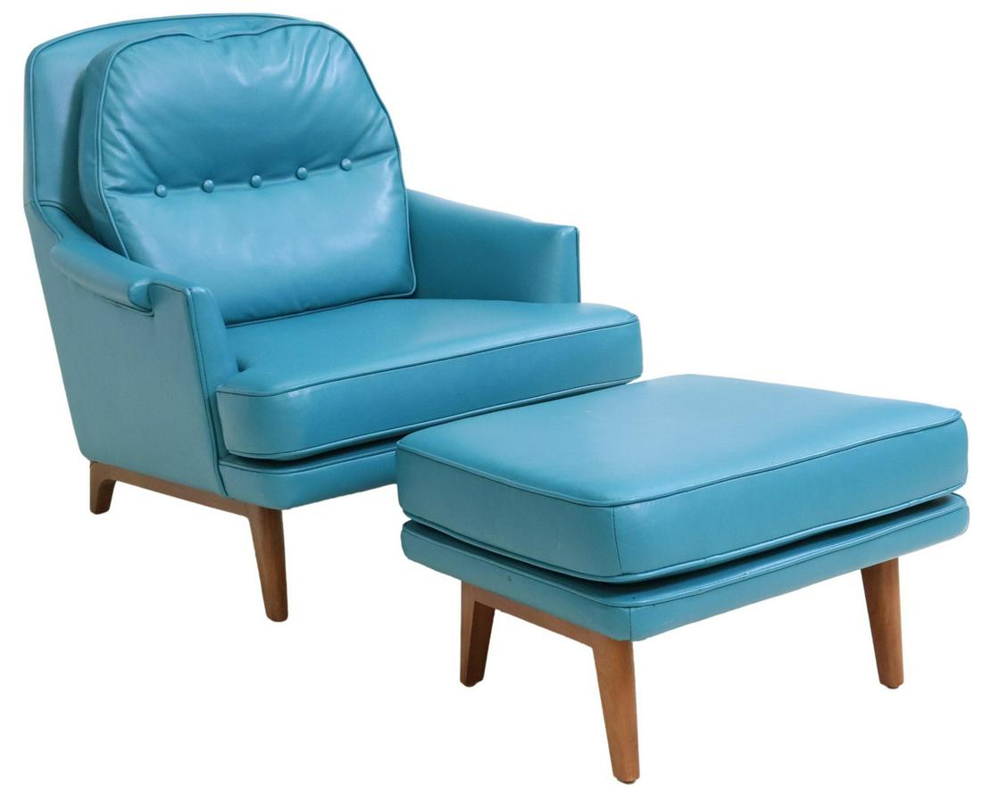 (2) ROGER SPRUNGER FOR DUNBAR CHAIR & OTTOMAN: (lot of 2) Mid-century modern "Model 484" leather seating group, Roger Sprunger (American, 1920-2008) for Dunbar, in blue leather upholstery, rising on tapered wood supports, including: (1) armchair,