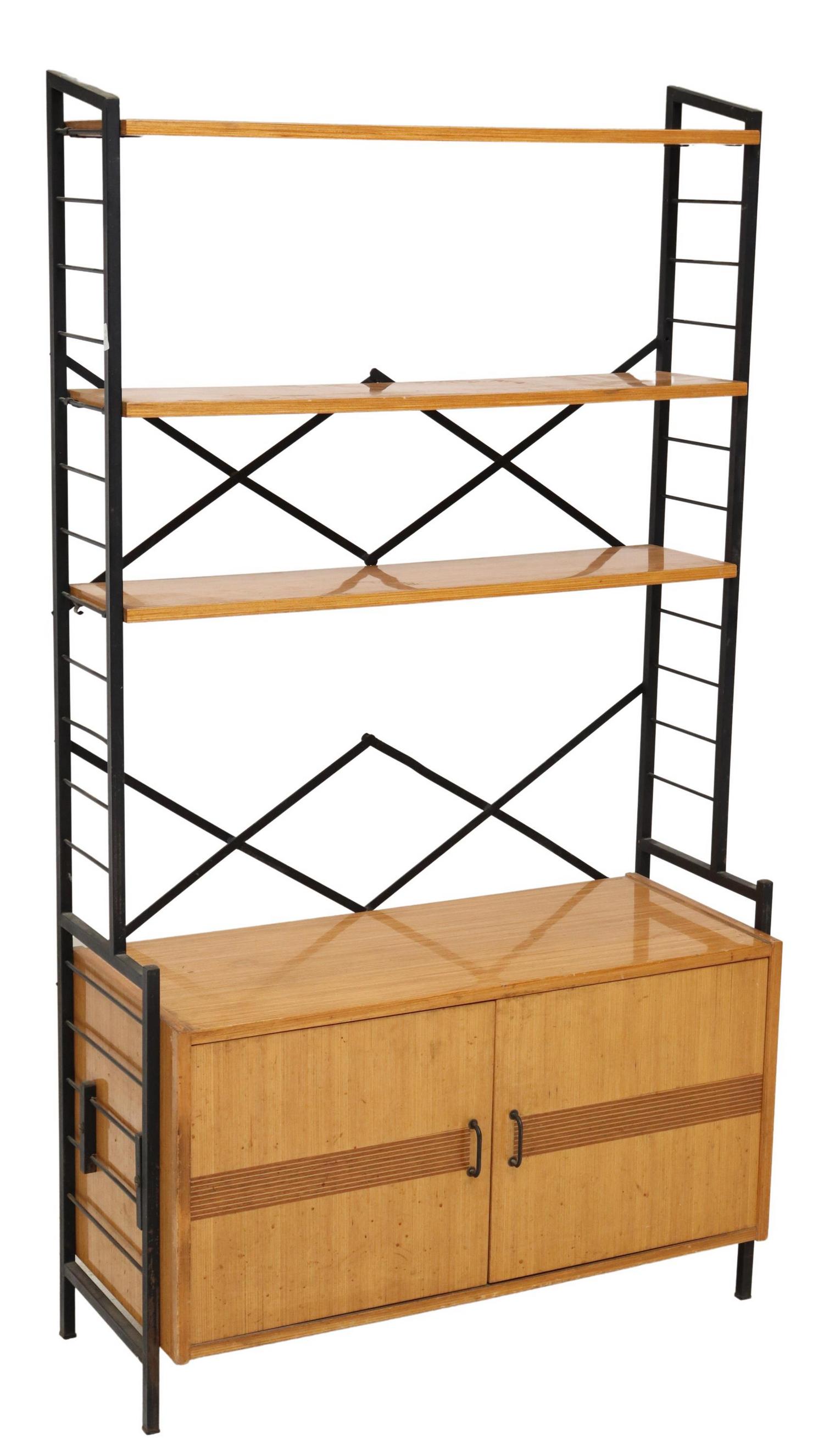 ITALIAN MID-CENTURY MODERN BOOKCASE: Italian mid-century modern bookcase, c.1960s, black steel supports, three adjustable-height shelves, over a double-door cabinet, approx 59.75"h, 32.75"w, 14"d Start Price: $200.00