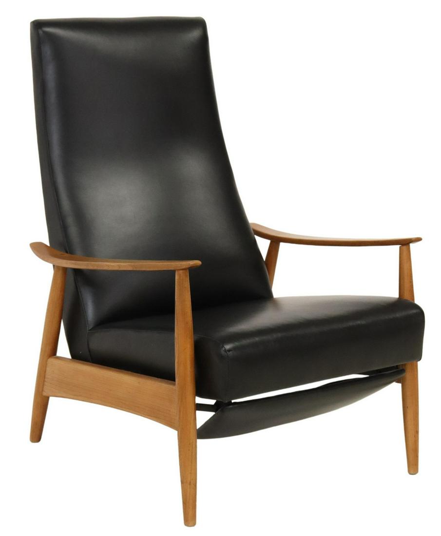 MILO BAUGHMAN (1923-2003) BLACK LEATHER RECLINER: Mid-century modern recliner armchair, Milo Baughman (American, 1923-2003) for James Inc., 20th c., black leather upholstery, contoured arms, rising on tapered legs, no apparent labels, approx 41.5"h, 