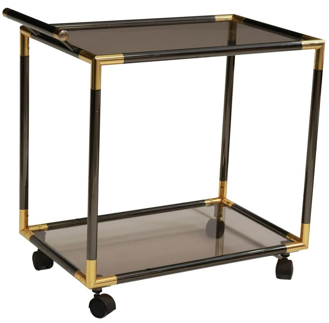 FRENCH MODERN TWO-TIER SMOKED GLASS BAR CART: French modern two-tier bar cart/ service trolley, c.1970s, having tubular steel frame with gilt metal corners, two rectangular smoked glass tiers, rising on casters, approx 28"h, 29"w, 17"d Start Pric