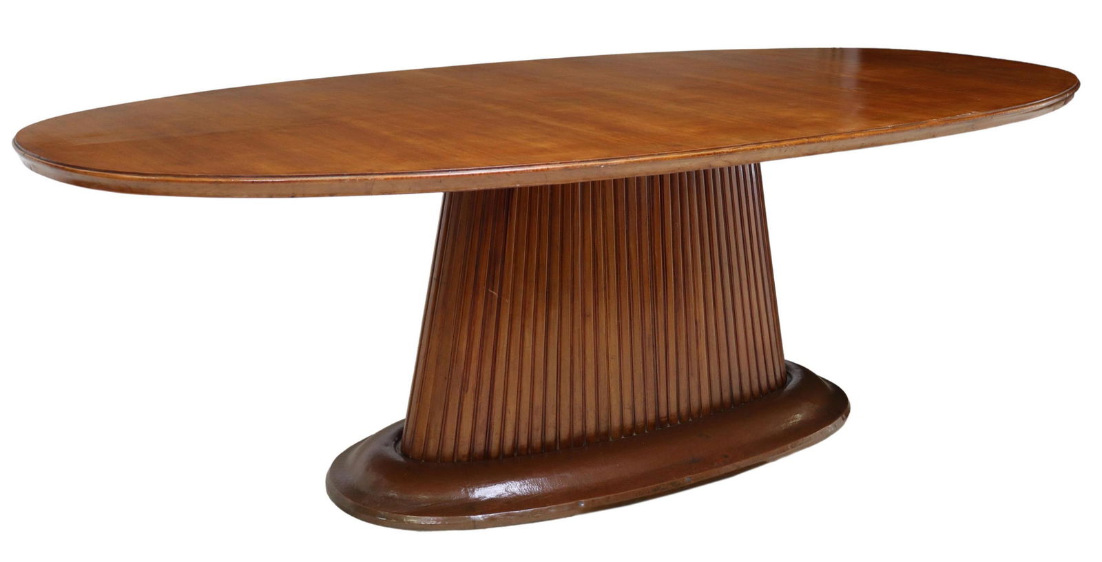 ITALIAN MID-CENTURY MODERN PEDESTAL DINING TABLE: Italian mid-century modern dining table, attributed to Vittorio Dassi (Italian, 1893-1973), c.1950s, oval tabletop, center pedestal support, bottom edge covered in hammered copper sheet, later crossba