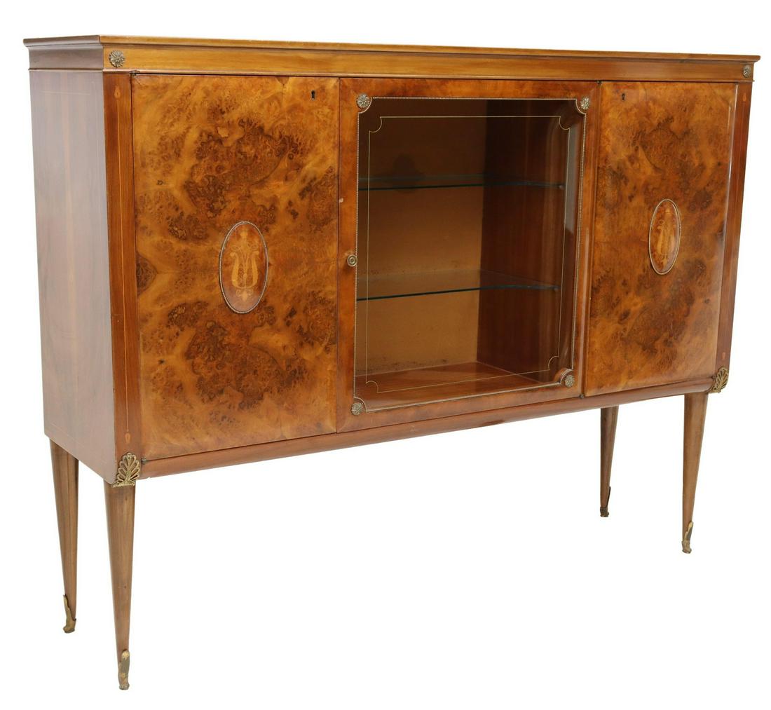 ITALIAN MID-CENTURY MODERN BURLWOOD SIDEBOARD: Italian mid-century modern sideboard, c.1950s, inset glass top, three cabinet doors, outer two in highly figured burlwood veneers, right side with two interior drawers, center bar cabinet with glazed 