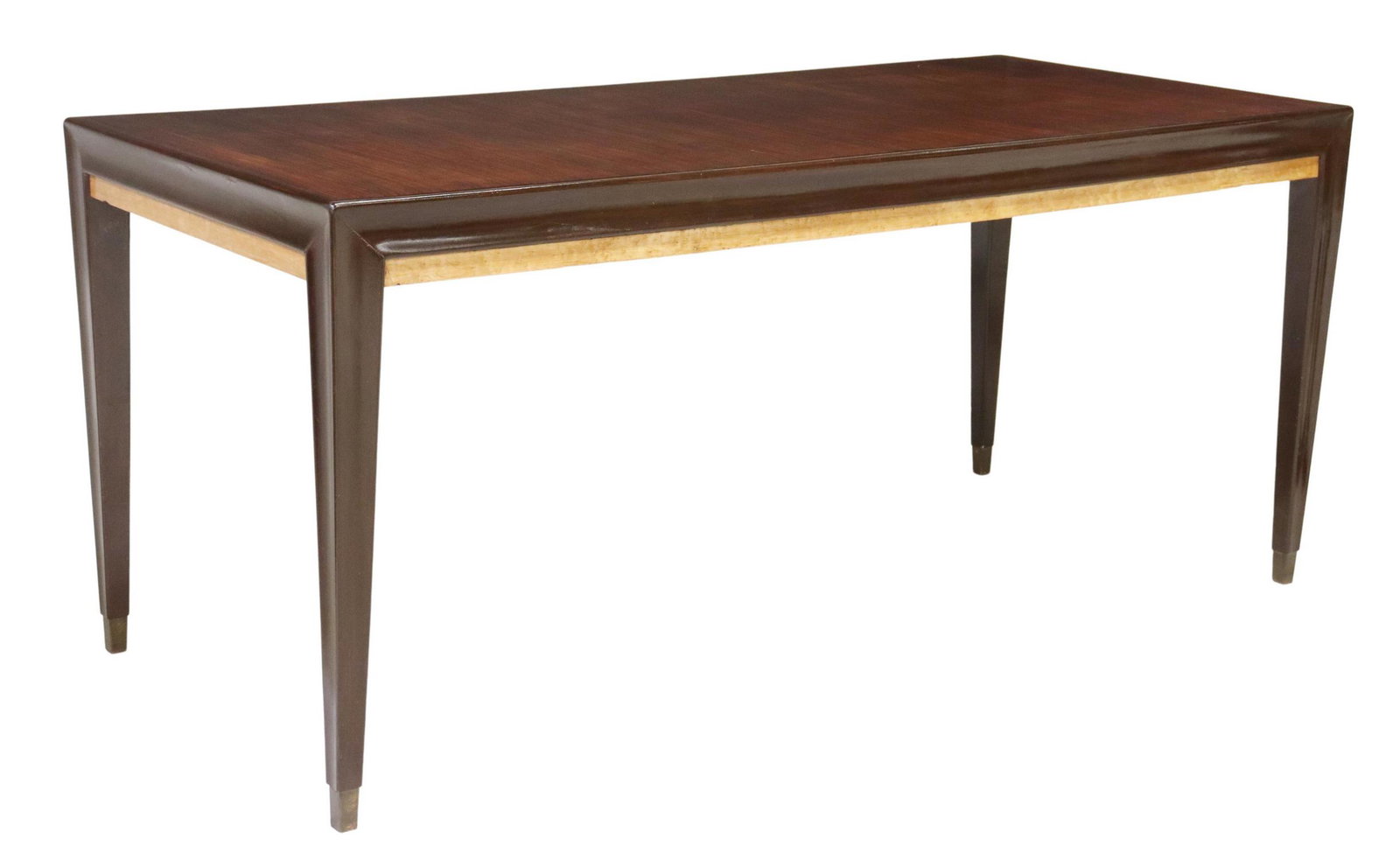 ITALIAN MID-CENTURY MODERN ROSEWOOD DINING TABLE: Italian mid-century modern rosewood dining table, c.1950s, apron accented with birdseye veneer, rising on tapering square legs, lacking metal feet/ caps, approx 31.25"h, 70.5"w, 32.25"d, bottom of apr