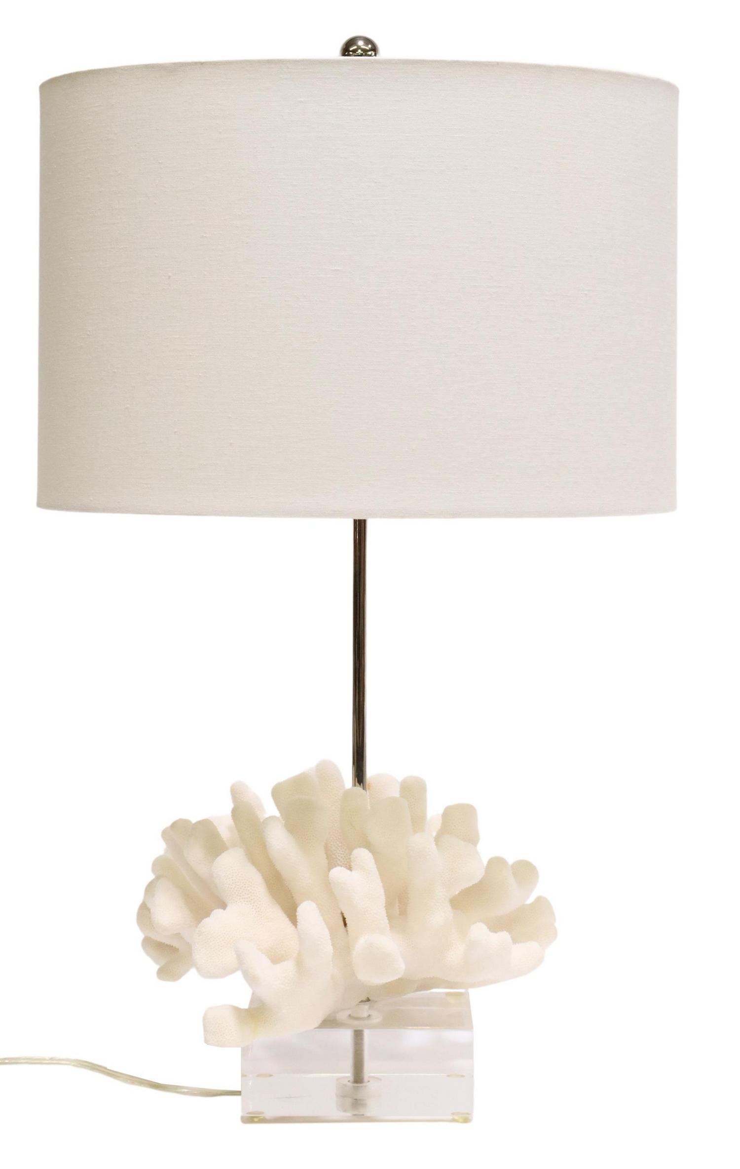 GEOLOGICAL CAT'S PAW CORAL SPECIMEN 1LT TABLE LAMP: Cat's paw coral specimen, Solomon Islands, now fashioned as a single-light table lamp, mounted on colorless acrylic base, accompanied by white fabric drum shade, specimen: approx 4.5"h, 10"w, 9.5"d, o