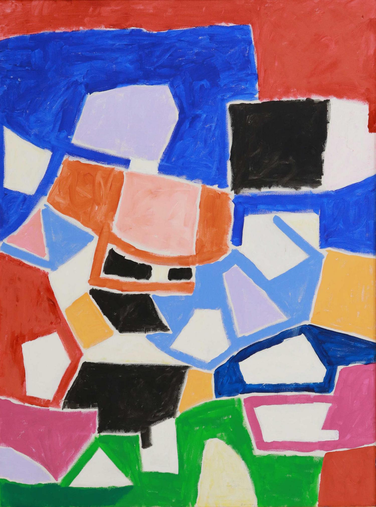 GERARD SOUZAY (1918-2004) ABSTRACT 47.75" X 35.75": Framed acrylic on canvas painting, Untitled, abstract composition, signed lower right Souzay (Gerard Souzay, French, 1918-2004), labels verso for Marvin Seline Galley and Garner & Smith Gallery,small