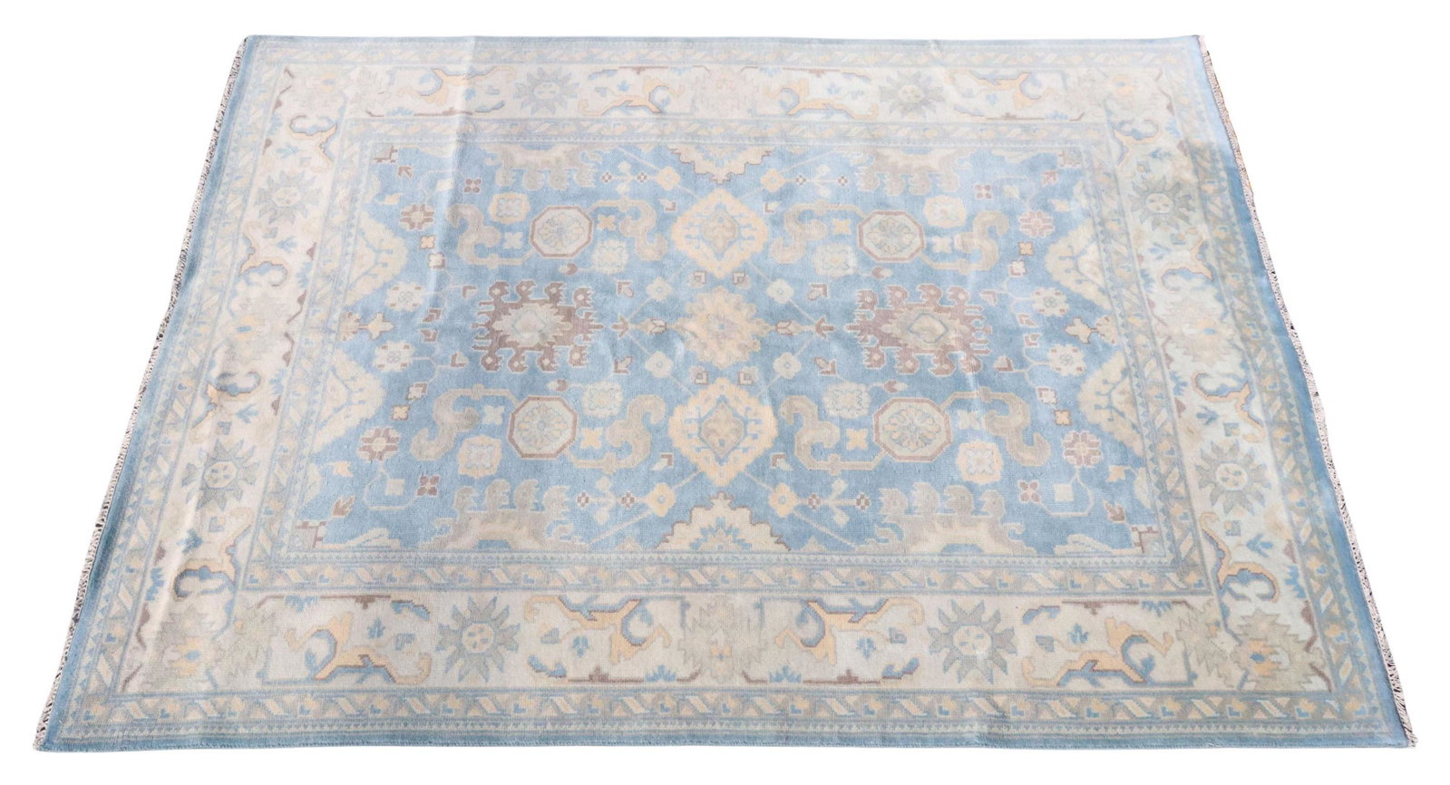 HAND-TIED INDO-OUSHAK RUG, 9'7" X 7'11": Hand-tied Indo-Oushak rug, approx 9'7"l, 7'11"w **Please Note: All of the rugs offered in this auction would likely benefit from a professional cleaning. Estate rugs may show some wear and imperfectio