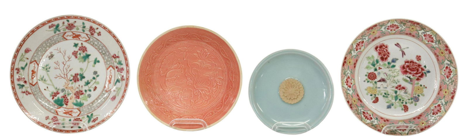 4) CHINESE CELADON & FAMILLE ROSE PORCELAIN PLATES: (lot of 4) Chinese glazed porcelain plates, including: (1) having celadon ground, with central unglazed lotus design, small chip to edge, approx 6.5"diam; (1) having embossed pink ground, with central