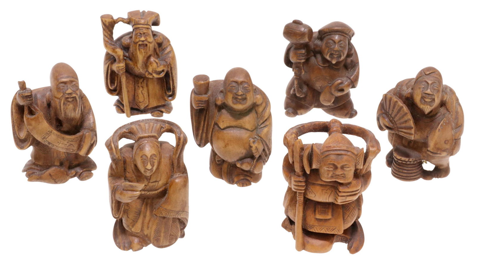 (7) JAPANESE TOSHITAMI CARVED 7 IMMORTALS NETSUKE: (lot of 7) Japanese carved wood netsuke, The Seven Immortals, all signed Toshitami underfoot, approx 2"h, .50lbs Start Price: $150.00