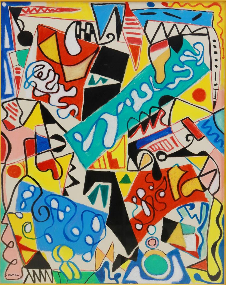 GERARD SOUZAY (1918-2004) ABSTRACT 36.25" X 28.75": Framed acrylic on canvas painting, Untitled, abstract composition, signed lower left Souzay (Gerard Souzay, French, 1918-2004), sight: approx 35.5"h, 28.25"w, overall: 42"h, 34.75"w, 14.5lbs, accompan