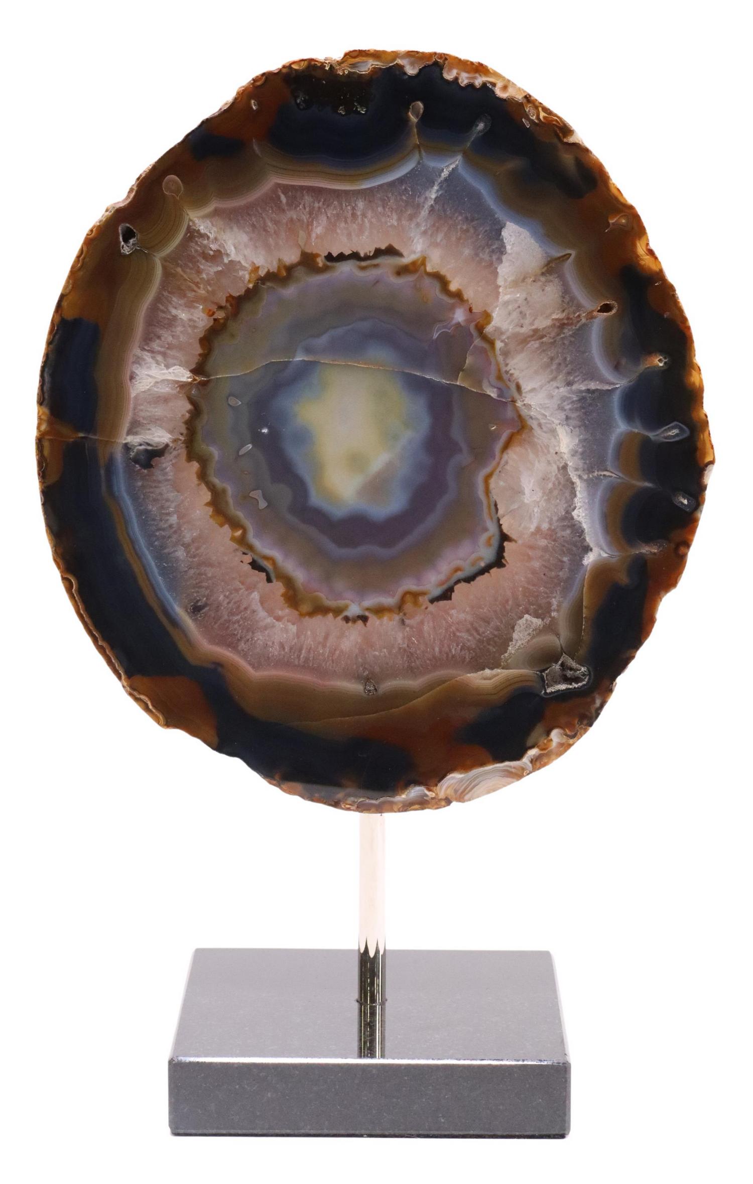 GEOLOGICAL AGATE SPECIMEN ON BLACK GRANITE BASE: Agate specimen, Brazil, mounted on black granite base, specimen: approx 9.5"h, 8.5"w, 1"d, overall: approx 13.5"h, 8.5"w, 5"d, 7.7lbs Start Price: $80.00