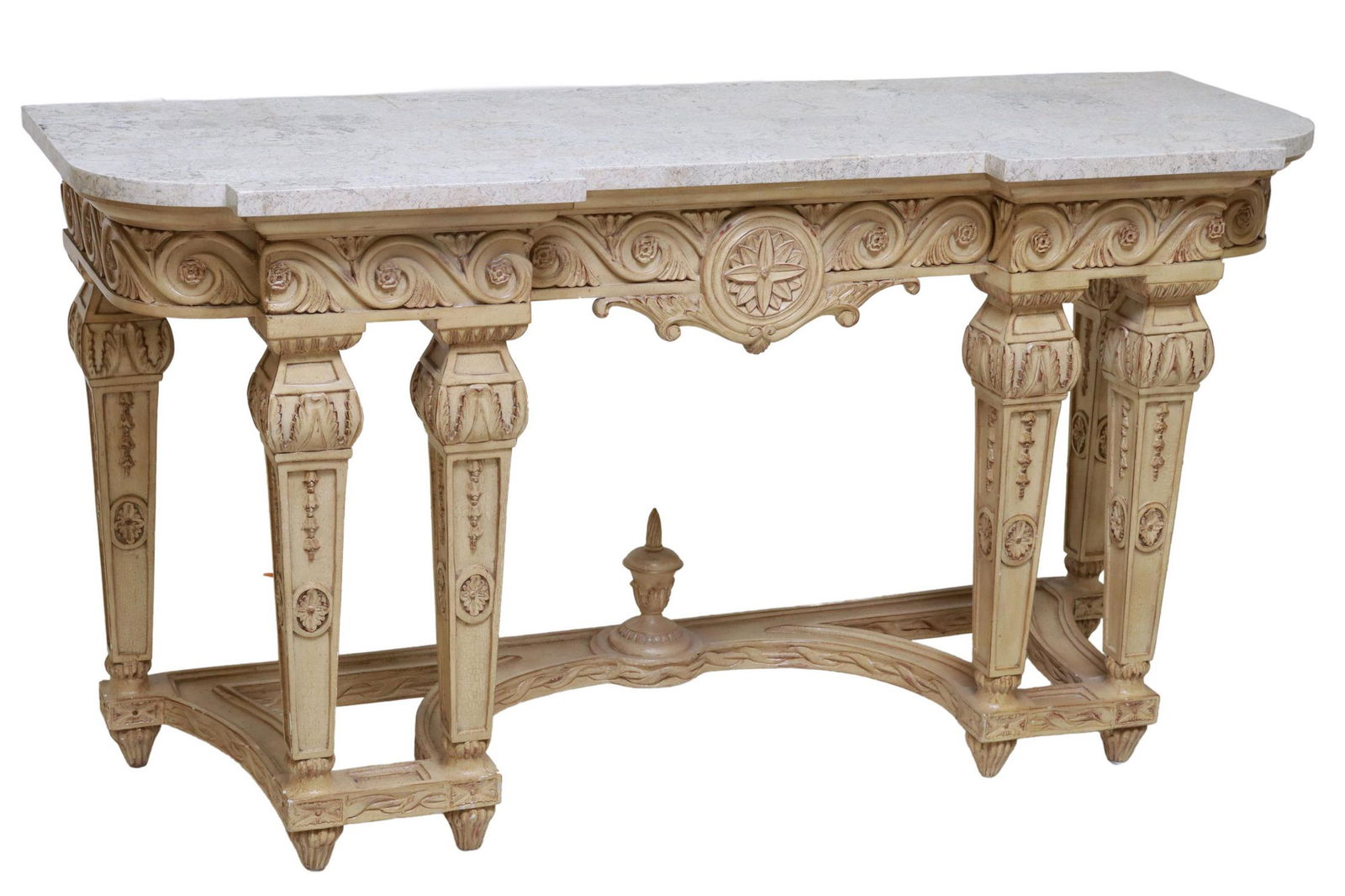 LOUIS XIV STYLE TESSELLATED STONE CONSOLE TABLE: Louis XIV style painted wood console table, late 20th c., having tessellated stone top, over conforming table with central floral medallion, flanked by scrolled foliates, rising on squared and molded
