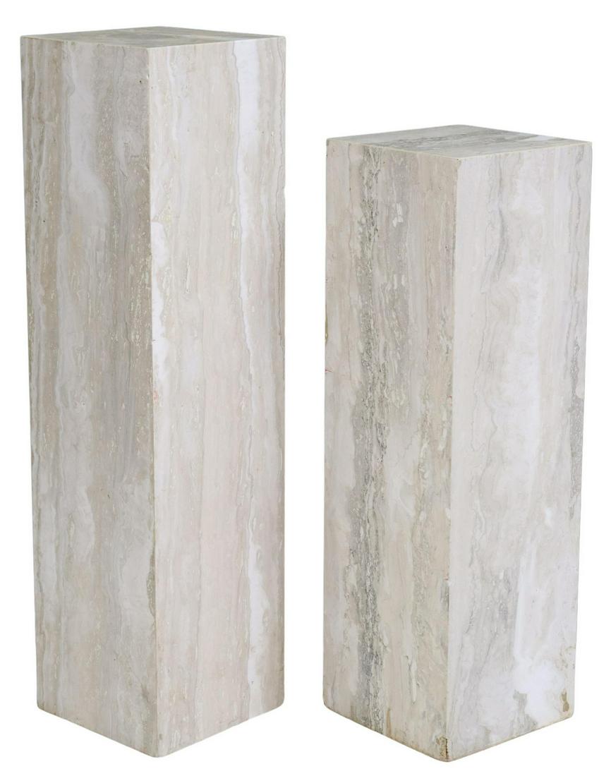 (2) CONTEMPORARY TILED STONE PEDESTALS: (lot of 2) Contemporary tiled stone pedestals, chipping along side edges and top corners, (one) approx 42"h, 11"w, 11"d, (one) approx 36"h, 11"w, 11"d **Provenance: From the estate of University of Te