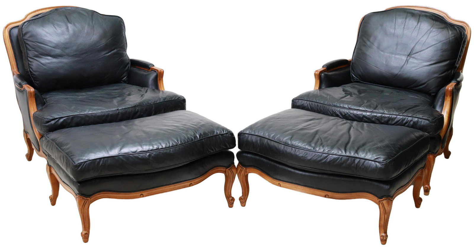 (4) SAM MOORE LEATHER LOUNGE CHAIRS & OTTOMANS: (lot of 4) Oversized Louis XV style black leather lounge chairs and ottomans, Sam Moore, late 20th c., (2) armchairs having shaped back, rising on cabriole legs, ending on whorl feel, approx 35.75"h, 