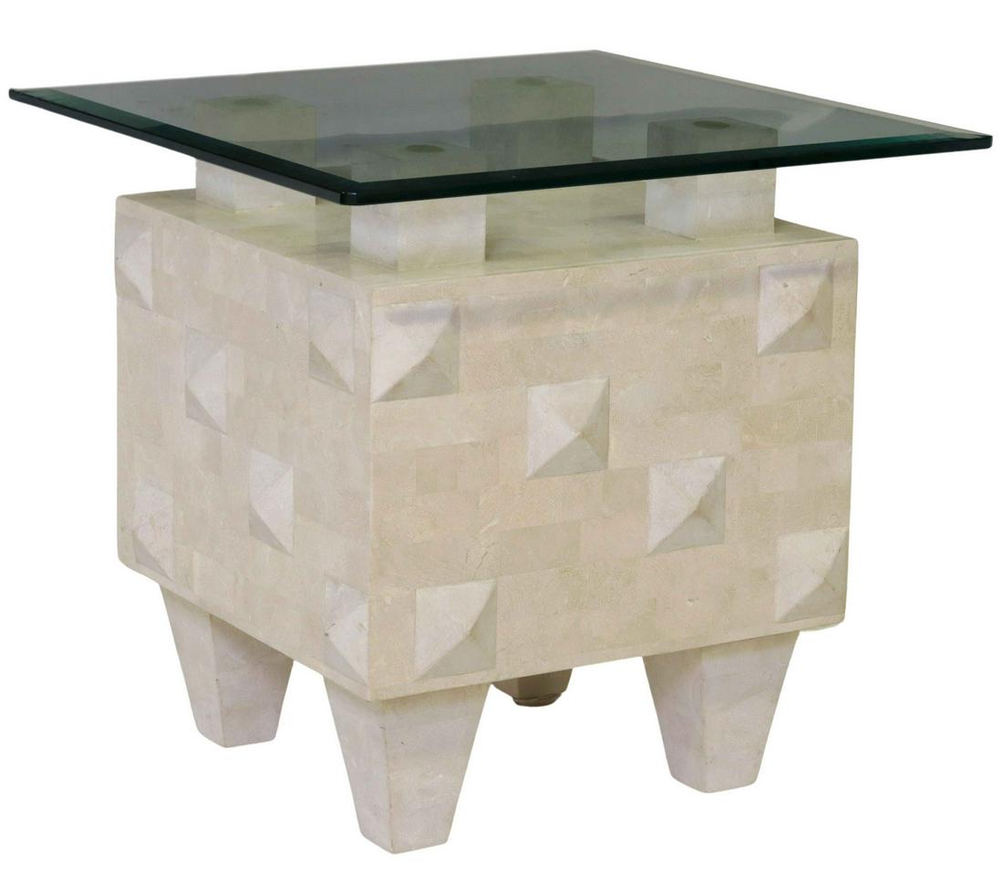 OGGETTI POST MODERN TESSELLATED STONE SIDE TABLE: Oggetti post-modern tessellated stone side table, with glass top, approx 23"h, 24"sq (glass top)**Provenance: from a high-end downtown Austin, Texas condo** Start Price: $150.00