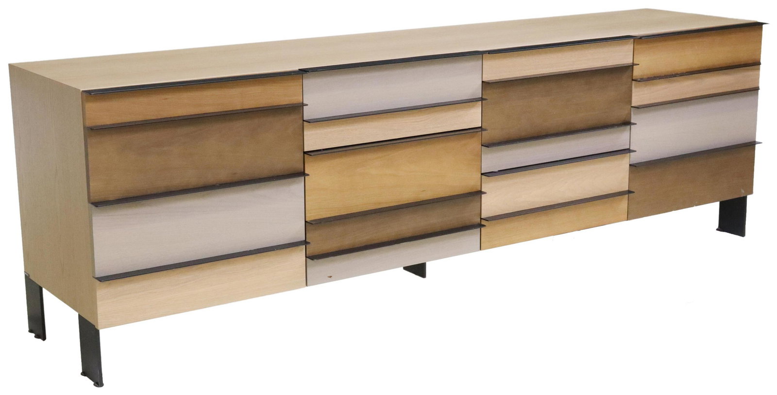 FABRICE BERRUX FOR ROCHE BOBOIS 'COLORS' SIDEBOARD: French "Colors" sideboard, Fabrice Berrux (Paris, b.1964), for Roche Bobois, case in varied tones of oak veneer, with black lacquered steel handles, four asymmetric drawers, flanked by a cabinet to ei