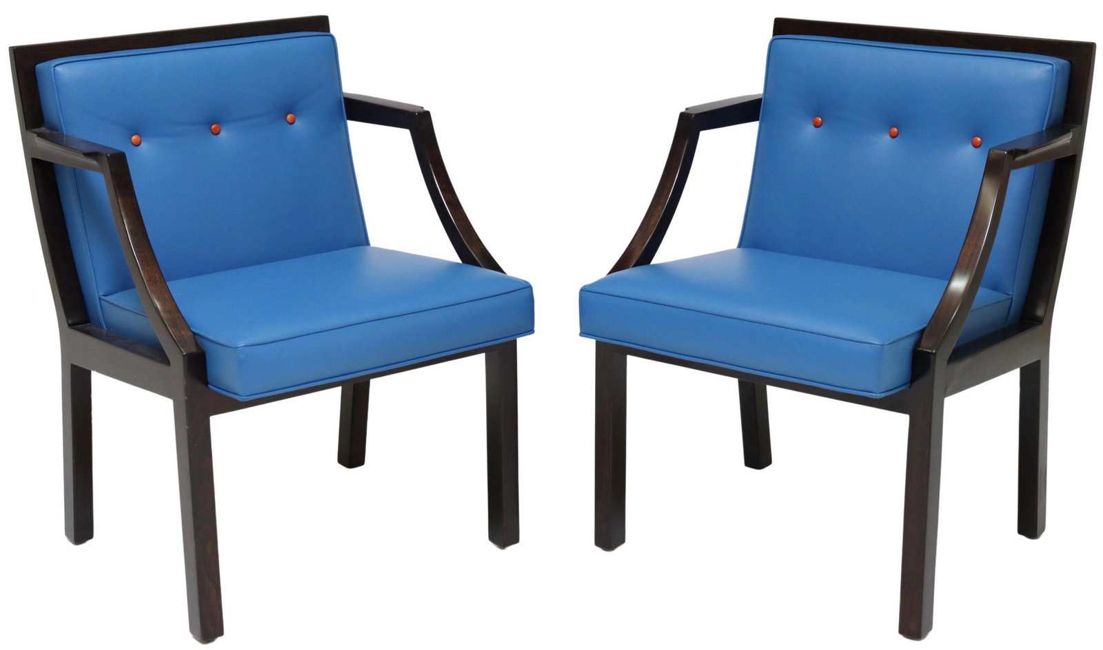 (2) EDWARD WORMLEY (D.1995) DUNBAR ARMCHAIRS: (pair) Modern leather upholstered wood armchairs, Edward Wormley (1907-1995) for Dunbar, back and seat in blue leather upholstery, with orange buttons, shaped arms, rising on block legs, (one) with pr