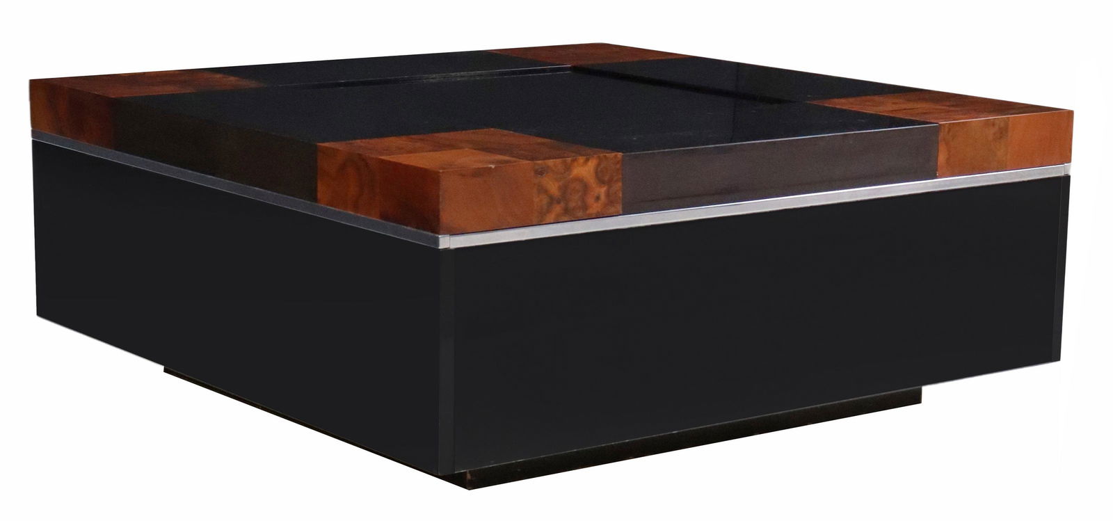 ITALIAN MODERN METAMORPHIC DRY BAR COCKTAIL TABLE: Italian modern dry bar cocktail table, in the manner of Willy Rizzo (Italian, 1928-2013), c.1970s, central black glass surface, framed by burlwood panels, opens to interior storage, rising on an inset