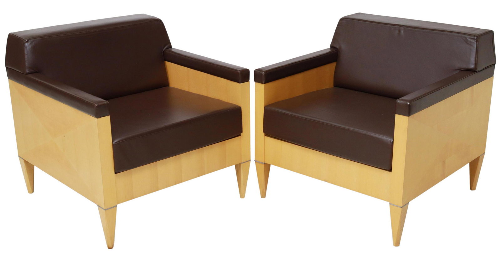 (2) MODERN KEN REINHARD FOR GUNLOCKE LOUNGE CHAIRS: (pair) Modern maple and leather armchairs, Ken Reinhard (American, 20th c.) for Gunlocke, having angular wood frame, padded back, armrests, and seat cushion in smooth brown leather upholstery, rising