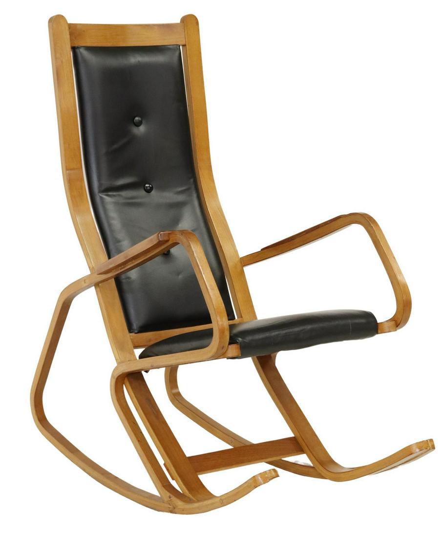 BENTWOOD & BLACK LEATHER ROCKING CHAIR: Bentwood rocking chair, mid 20th c., back and seat upholstered in black leather, approx 44"h, 22"w, 40"d **Provenance: from a high-end downtown Austin, Texas condo** Start Price: $150.00