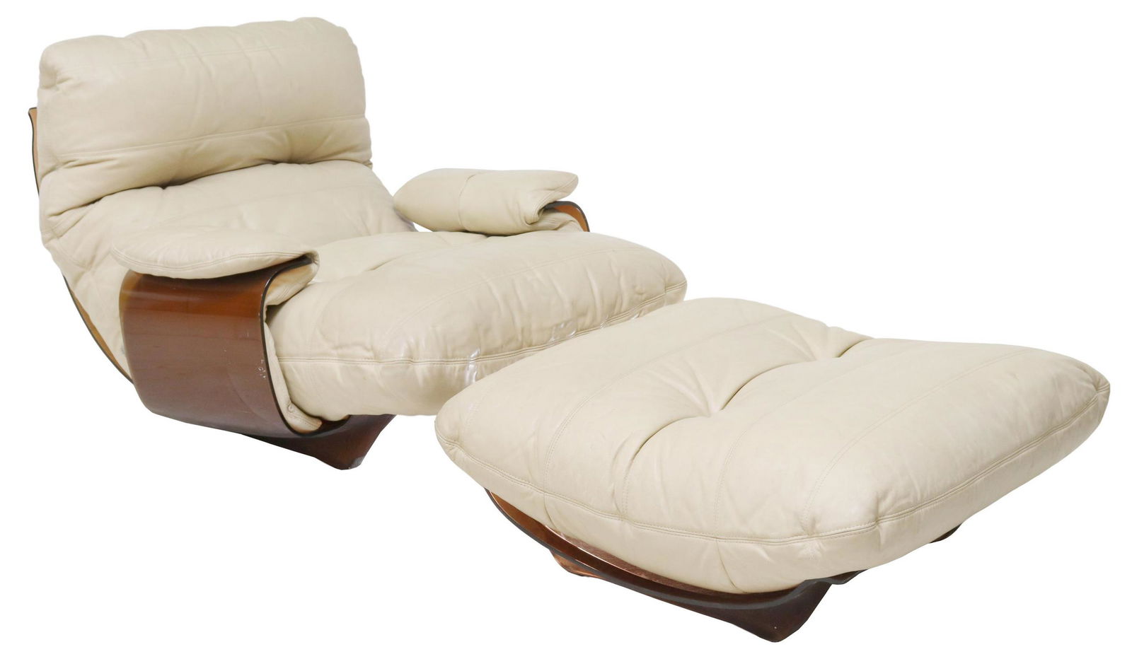 (2) LIGNE ROSET 'MARSALA' LOUNGE CHAIR & OTTOMAN: (lot of 2) "Marsala" armchair and ottoman, Michel Ducaroy (French, 1925-2009) for Ligne Roset, c.1980s, amber-colored acrylic frame, continuous leather back and seat cushion, chair: approx 28"h, 34"w,