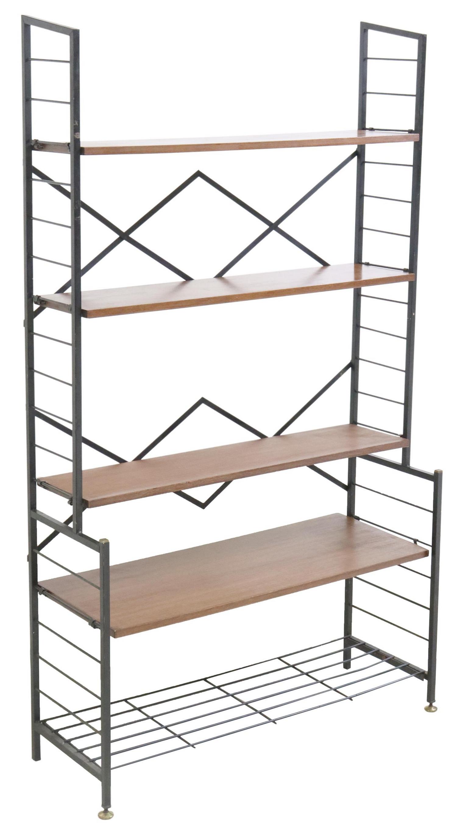 ITALIAN MID-CENTURY MODERN TEAK & STEEL BOOKCASE: Italian mid-century modern teak bookcase, c.1960s, having three shelves, over one protruding teak and one bottom steel shelf, rising on black steel supports, ending on brass capped feet, approx 58"h, 